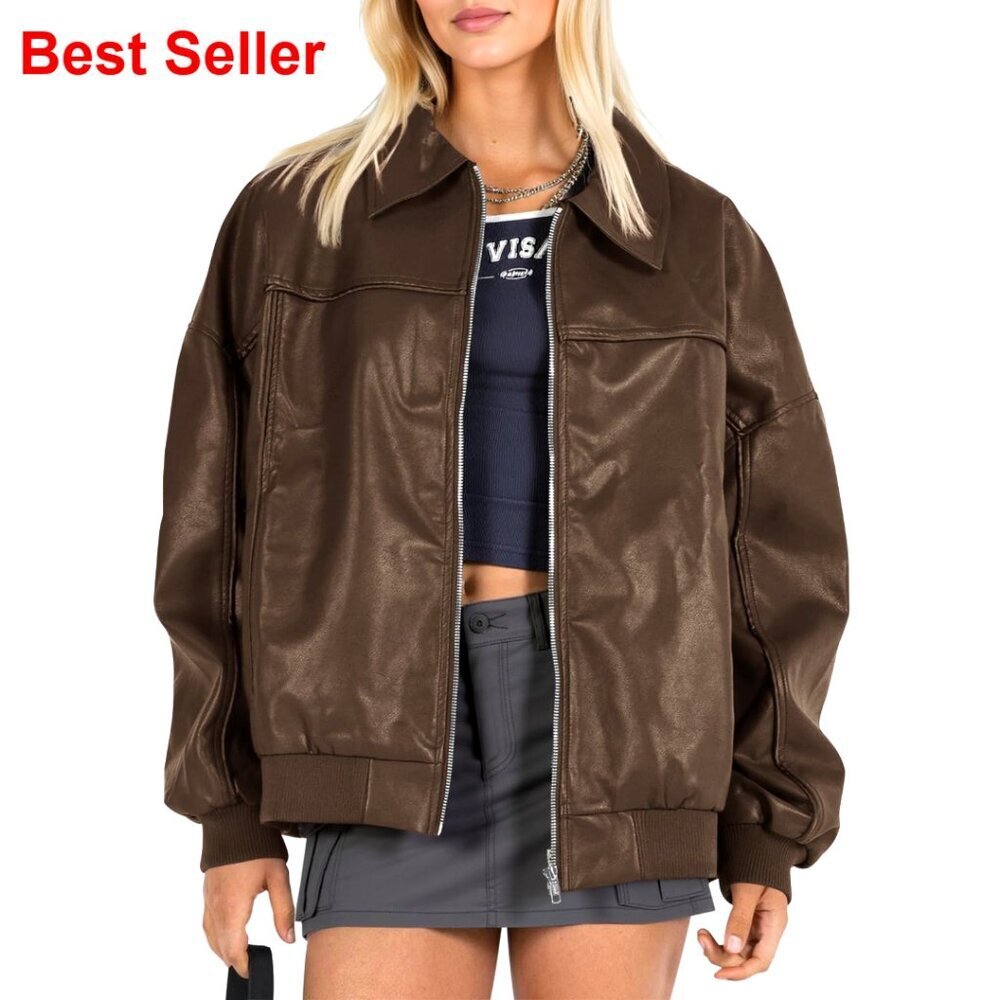Faux Leather Oversized Bomber Jacket Zip Up Moto Biker Coat